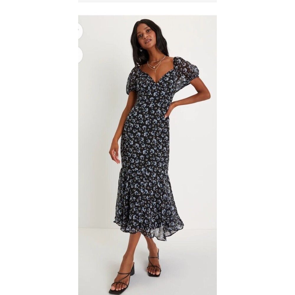 Lulu's Black Floral Midi Dress